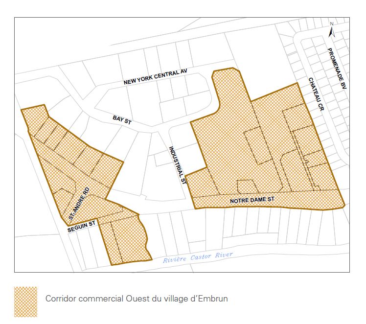 Carte montrant la zone du secteur commerciaal Ouest d'Embrun qui est admissible au programme