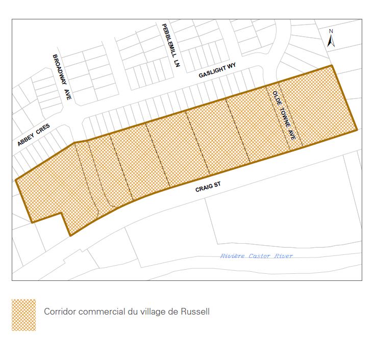 Carte montrant la zone du secteur commercial de Russell Village qui est admissible au programme