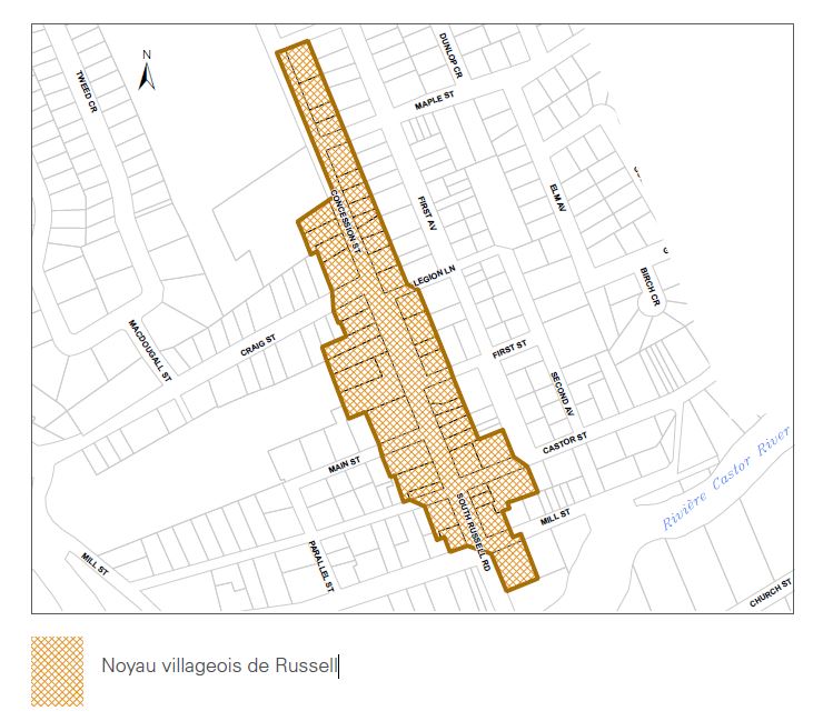 Carte montrant la zone du noyau villageois de Russell Village qui est admissible au programme