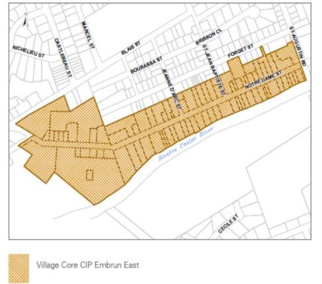 Map showing eastern sector of Embrun village core that qualifies for the Community Improvement Plan Grant