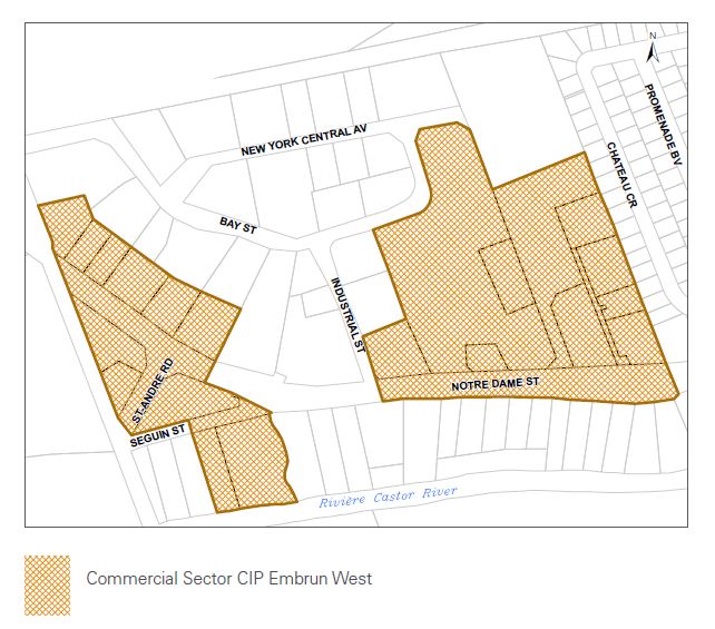 Map showing sector of Embrun commercial area that qualifies for the Community Improvement Plan Grant
