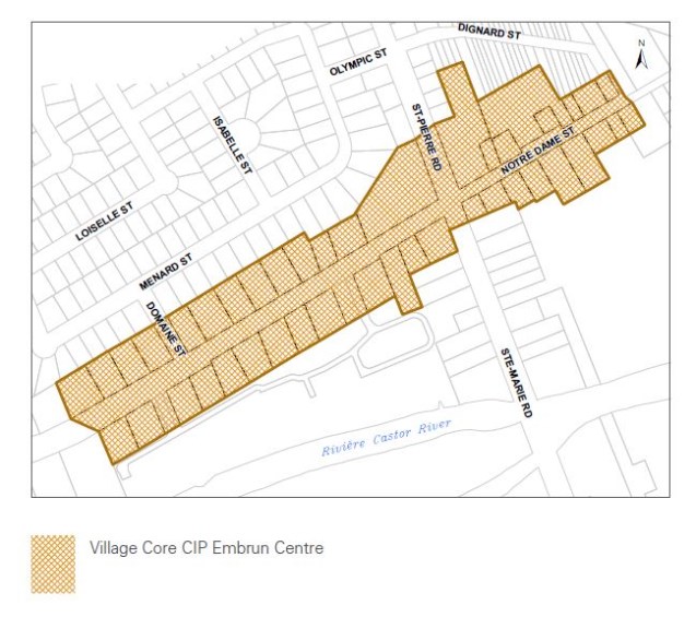 Map showing sector of Embrun core village area that qualifies for the Community Improvement Plan Grant