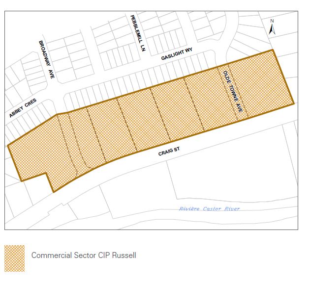Map showing sector of Russell commercial sector a that qualifies for the Community Improvement Plan Grant