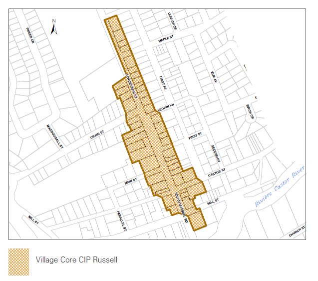 Map showing sector of Russell village core area that qualifies for the Community Improvement Plan Grant