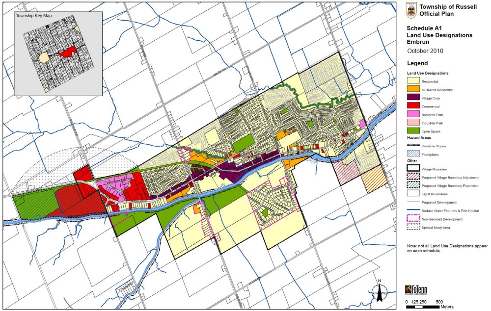 Carte du canton de Russell avec les zones d'utilisation des terres identifiées par une couleur