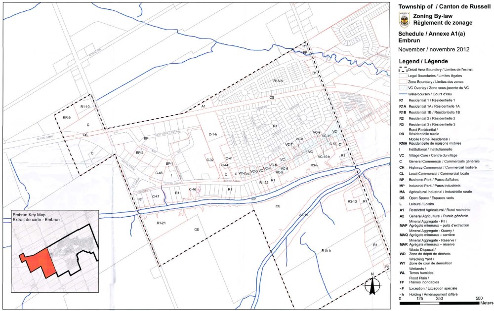 Carte du canton de Russell avec les zones d'utilisation des terres identifiées par une couleur