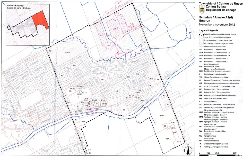 Carte du canton de Russell avec les zones d'utilisation des terres identifiées par une couleur