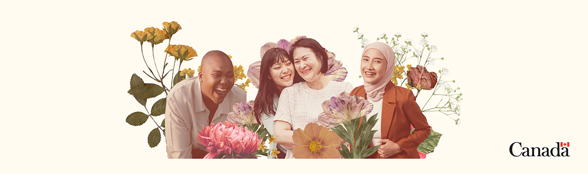Four joyful women from various ages and ethnic backgrounds surrounded by flowers along with the Canada wordmark.