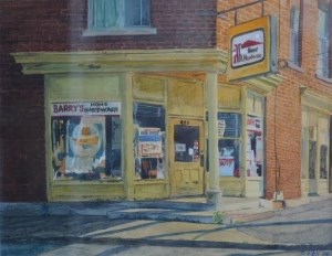 Barry's first hardware store, painted by Paul Schibli