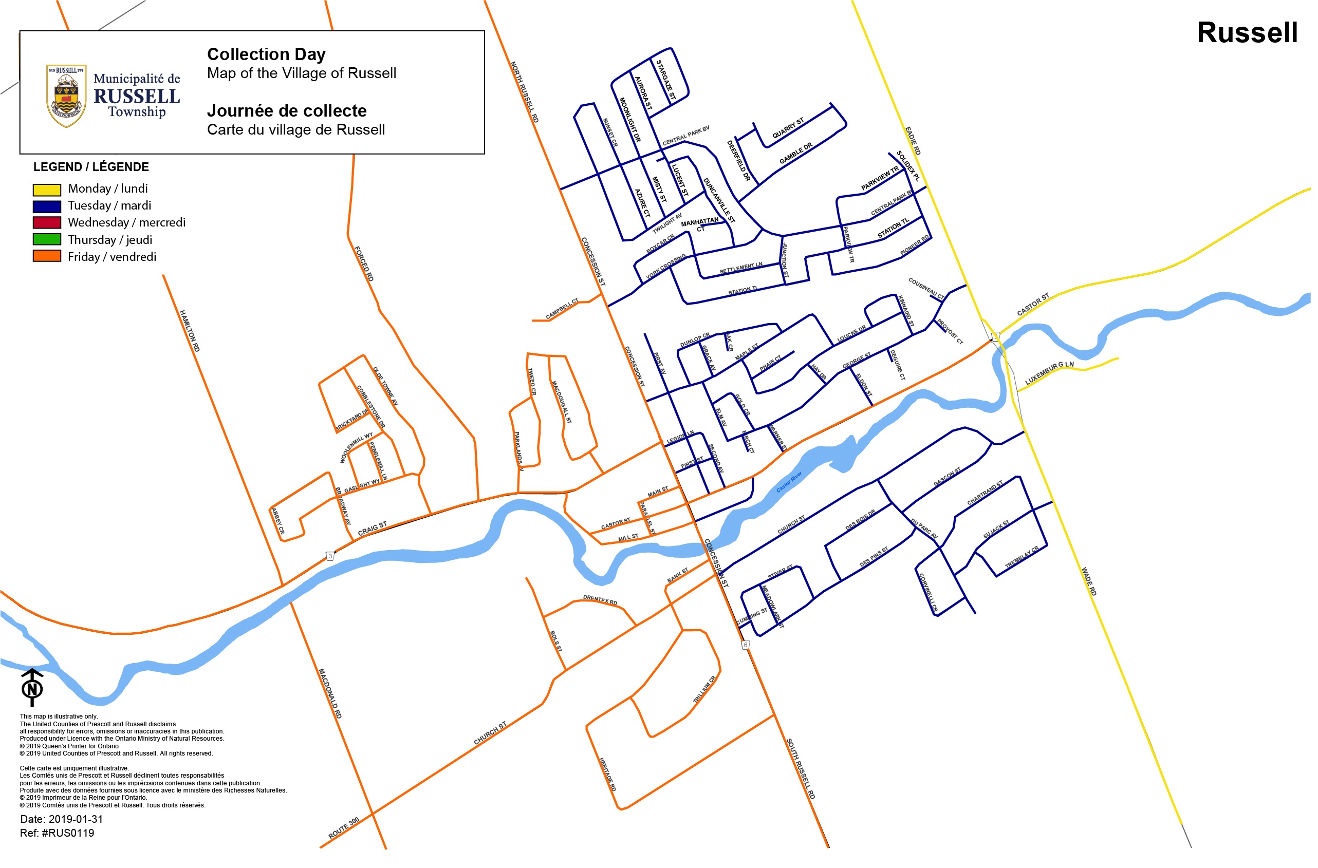 Waste Day Collection Map for the village of Russell